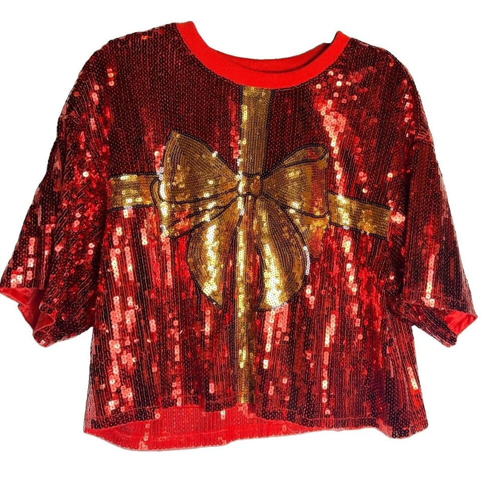 Simply Southern Sequin Bow Shirt Women’s Small Cropped Red Sequin NEW Christmas